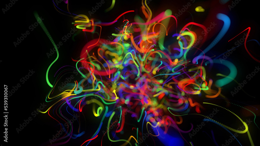 Poster 3d render. abstract background with glow multicolor lines or light streaks. lights particles form in