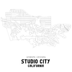 Studio City California. US street map with black and white lines.
