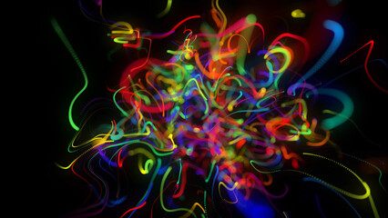 3d render. Abstract background with glow multicolor lines or light streaks. Lights particles form in 3d space glowing beautiful curved lines with neon light. Beautiful creative bg