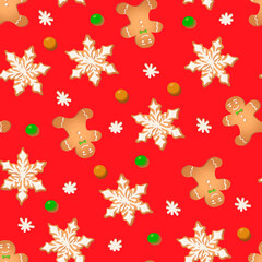 Seamless pattern with ginger cookies on a red background. Gingerbread man, snowflake