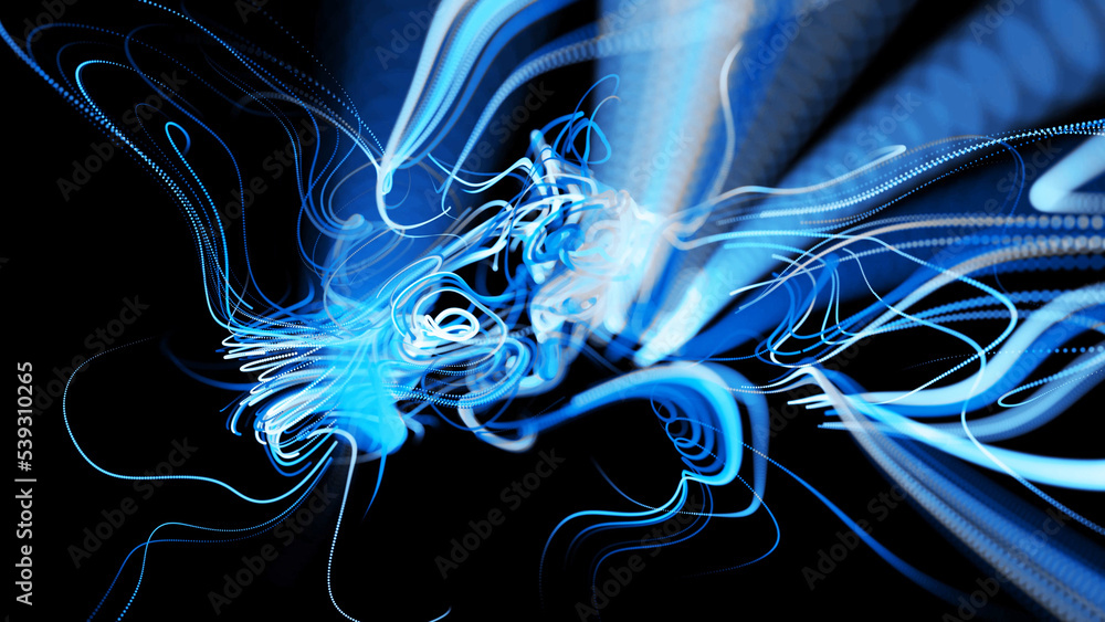Poster visualization of neural network operation blue bg. abstract lines of light streaks in air. stream of