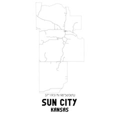 Sun City Kansas. US street map with black and white lines.