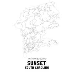 Sunset South Carolina. US street map with black and white lines.