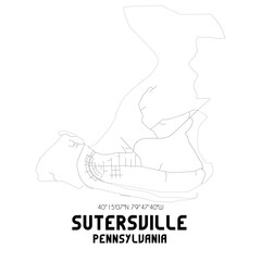 Sutersville Pennsylvania. US street map with black and white lines.