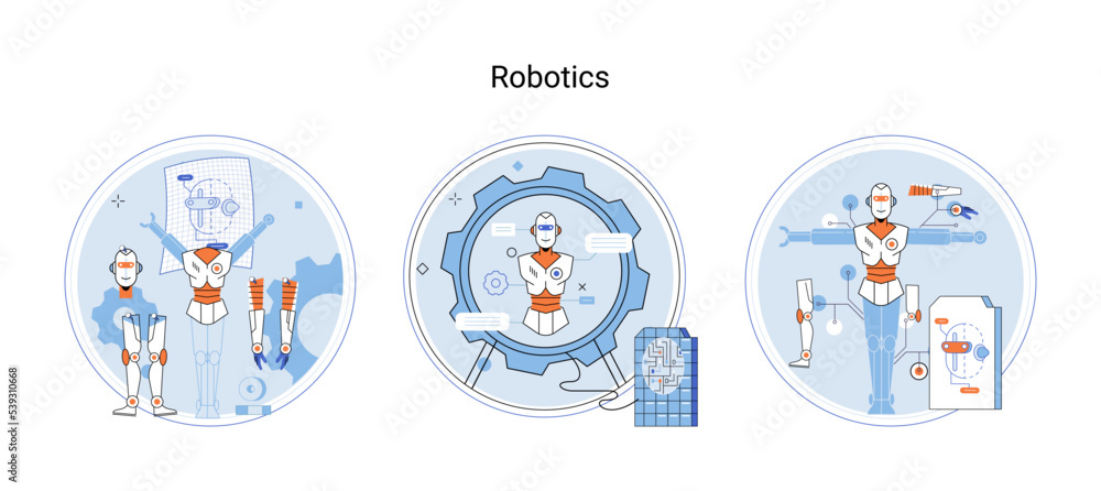 Aufkleber Robotics scientific and technical, metaphor production and application of robots. Programmable mechanical device building robot in lab. Robotic arm industrial smart manufacture. Cyber-physical systems