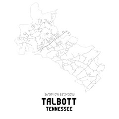 Talbott Tennessee. US street map with black and white lines.