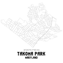 Takoma Park Maryland. US street map with black and white lines.