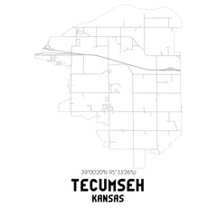 Tecumseh Kansas. US street map with black and white lines.
