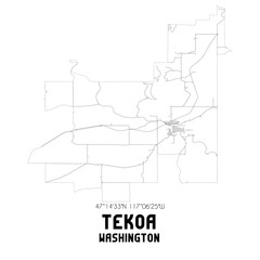 Tekoa Washington. US street map with black and white lines.