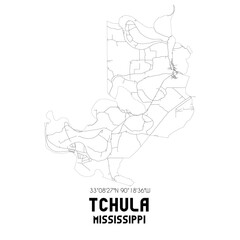 Tchula Mississippi. US street map with black and white lines.