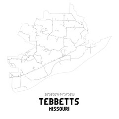 Tebbetts Missouri. US street map with black and white lines.