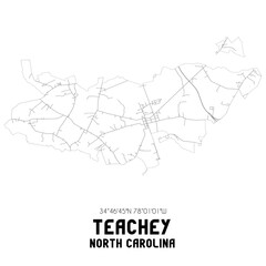 Teachey North Carolina. US street map with black and white lines.