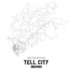 Tell City Indiana. US street map with black and white lines.