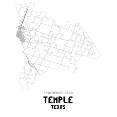 Temple Texas. US street map with black and white lines.
