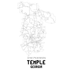 Temple Georgia. US street map with black and white lines.