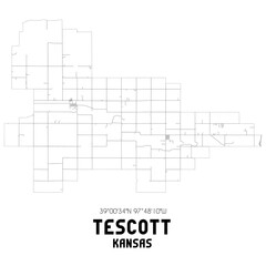 Tescott Kansas. US street map with black and white lines.