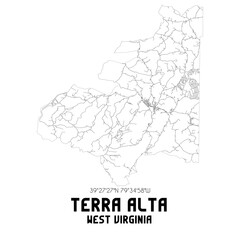 Terra Alta West Virginia. US street map with black and white lines.