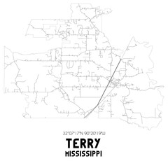 Terry Mississippi. US street map with black and white lines.