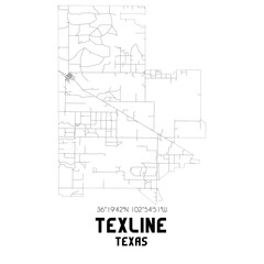 Texline Texas. US street map with black and white lines.