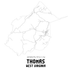 Thomas West Virginia. US street map with black and white lines.