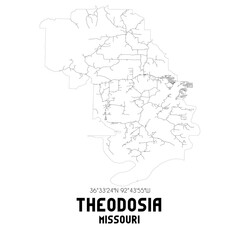 Theodosia Missouri. US street map with black and white lines.