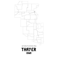 Thayer Iowa. US street map with black and white lines.