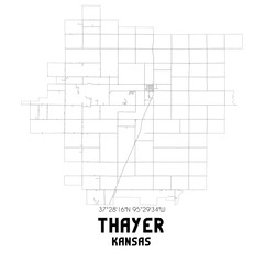 Thayer Kansas. US street map with black and white lines.