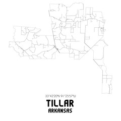 Tillar Arkansas. US street map with black and white lines.