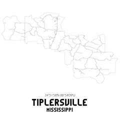 Tiplersville Mississippi. US street map with black and white lines.