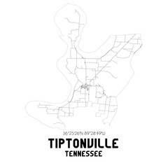 Tiptonville Tennessee. US street map with black and white lines.