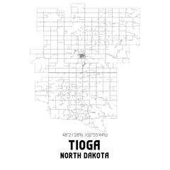 Fototapeta premium Tioga North Dakota. US street map with black and white lines.