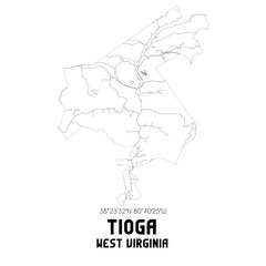 Tioga West Virginia. US street map with black and white lines.