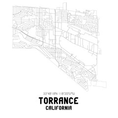 Torrance California. US street map with black and white lines.