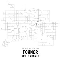 Towner North Dakota. US street map with black and white lines.