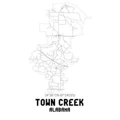 Town Creek Alabama. US street map with black and white lines.