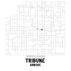 Tribune Kansas. US street map with black and white lines.