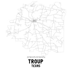 Troup Texas. US street map with black and white lines.