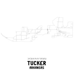 Tucker Arkansas. US street map with black and white lines.
