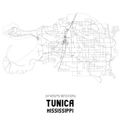 Tunica Mississippi. US street map with black and white lines.