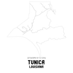 Tunica Louisiana. US street map with black and white lines.