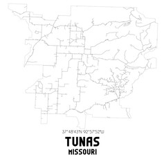 Fototapeta na wymiar Tunas Missouri. US street map with black and white lines.
