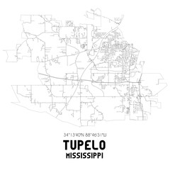 Tupelo Mississippi. US street map with black and white lines.