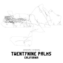 Twentynine Palms California. US street map with black and white lines.
