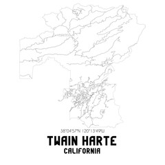 Twain Harte California. US street map with black and white lines.