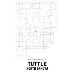 Tuttle North Dakota. US street map with black and white lines.