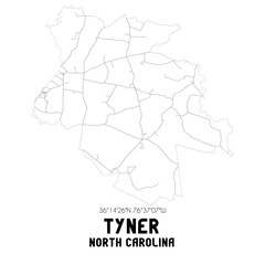 Tyner North Carolina. US street map with black and white lines.