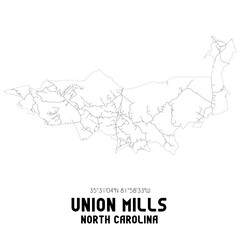 Union Mills North Carolina. US street map with black and white lines.