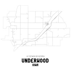 Underwood Iowa. US street map with black and white lines.