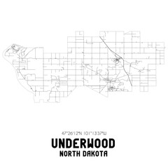 Underwood North Dakota. US street map with black and white lines.