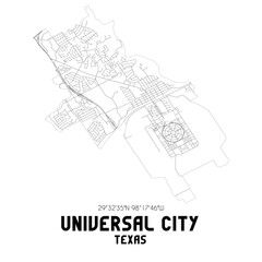 Universal City Texas. US street map with black and white lines.